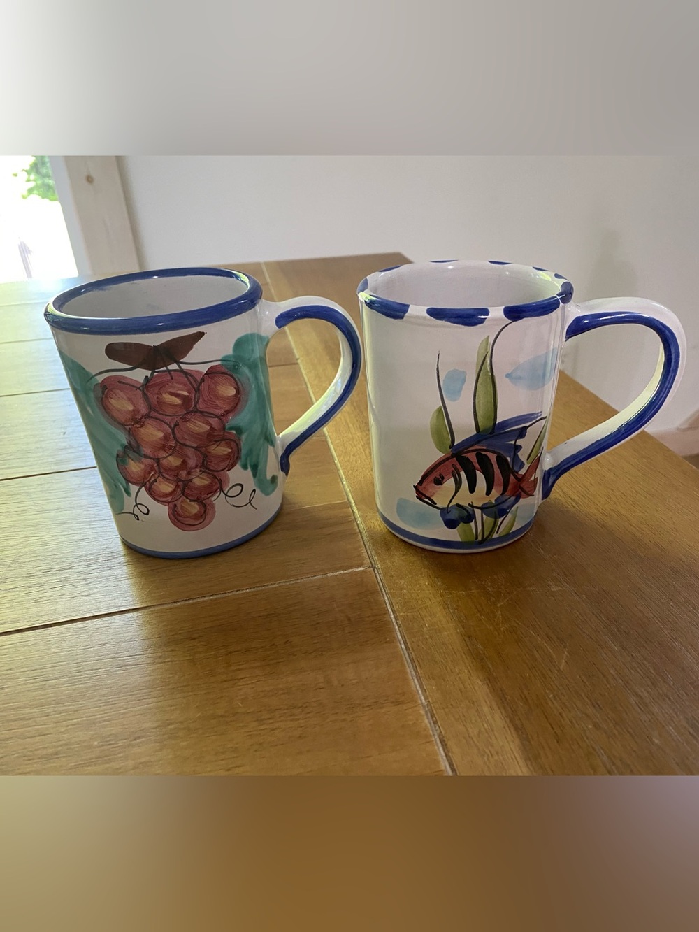 Vietri Made in Italy Set of Mugs / Coffee Cups with Grape and Fish Design